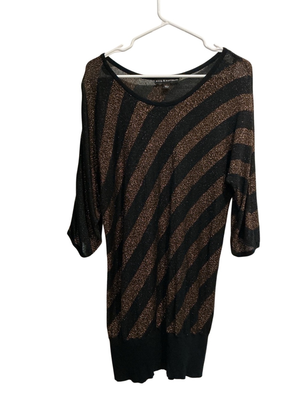 Rock & Republic Black and Bronze Shimmer Striped Scoop Neck Knit Blouse